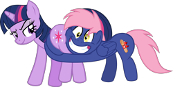 Size: 9758x4944 | Tagged: safe, artist:nupiethehero, character:twilight sparkle, oc, oc:storybook, species:pony, episode:shadow play, g4, my little pony: friendship is magic, absurd resolution, butt touch, butthug, canon x oc, faceful of ass, hug, pinkie hugging applejack's butt, plot, shipping, simple background, transparent background