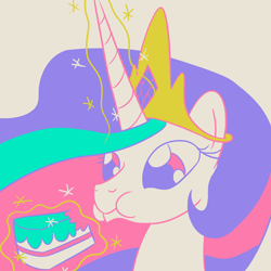 Size: 1280x1280 | Tagged: safe, artist:phat_guy, derpibooru original, character:princess celestia, species:alicorn, species:pony, a slice of too much, bust, cake, cakelestia, eating, female, food, glowing horn, gray background, levitation, limited palette, looking at something, magic, mare, nom, portrait, puffy cheeks, simple background, solo, telekinesis