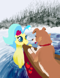 Size: 500x647 | Tagged: safe, artist:sehad, character:princess skystar, character:winona, species:dog, species:seapony (g4), my little pony: the movie (2017), boat, forest, lake, snow, speedpaint