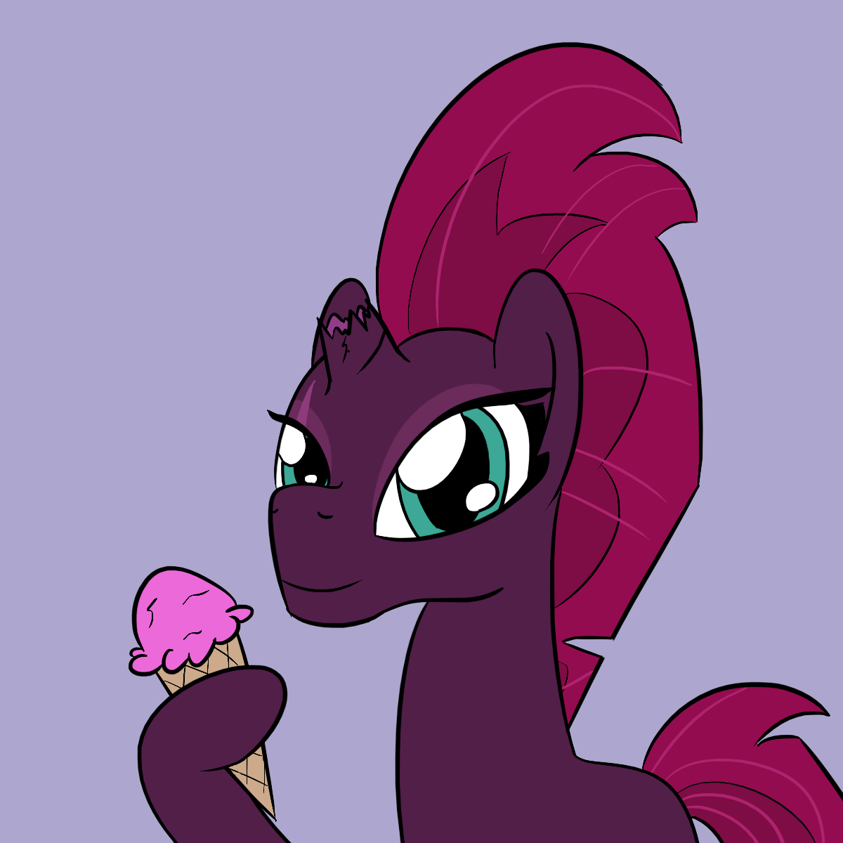 Size: 1200x1200 | Tagged: safe, artist:phat_guy, derpibooru original, character:fizzlepop berrytwist, character:tempest shadow, species:pony, species:unicorn, my little pony: the movie (2017), animated, blue background, broken, broken horn, deja vu, dripping, eye scar, female, food, hoof hold, ice cream, ice cream cone, looking at something, looking at you, mare, missing cutie mark, raised hoof, raised leg, ripped, sad, scar, shit happens, simple background, smiling, solo, the implications are horrible, trauma, traumatized, we are going to hell