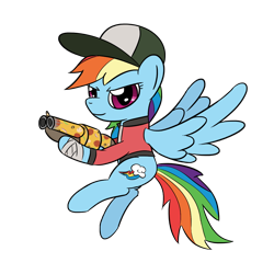 Size: 1280x1280 | Tagged: safe, artist:phat_guy, derpibooru original, character:rainbow dash, species:pegasus, species:pony, bandage, clothing, crossover, determined, female, flying, food, gun, hat, hoof hold, jacket, mare, pizza, pizza delivery, rainbow scout, scattergun, scout, simple background, smiling, solo, spread wings, team fortress 2, transparent background, video game, weapon, wings