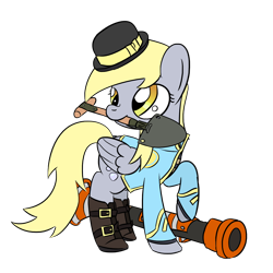 Size: 1280x1280 | Tagged: safe, artist:phat_guy, derpibooru original, character:derpy hooves, species:pegasus, species:pony, boots, clothing, crossover, derpy soldier, female, hat, hoof boots, hornblower, jacket, mantreads, mare, market gardener, melee, melee weapon, mouth hold, raised leg, rocket jumper, rocket launcher, shoes, shovel, simple background, soldier, solo, standing, team fortress 2, transparent background, video game, weapon