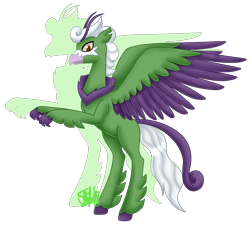 Size: 2090x1880 | Tagged: safe, artist:spokenmind93, oc, oc only, species:classical hippogriff, species:hippogriff, adoptable, classical hippogriffied, colored hooves, colored wings, colored wingtips, crossover, facial markings, feathered fetlocks, hippogriffied, male, pokémon, ponymon, rearing, shadow, signature, simple background, solo, species swap, spread wings, standing, tornadus, transparent background, wings