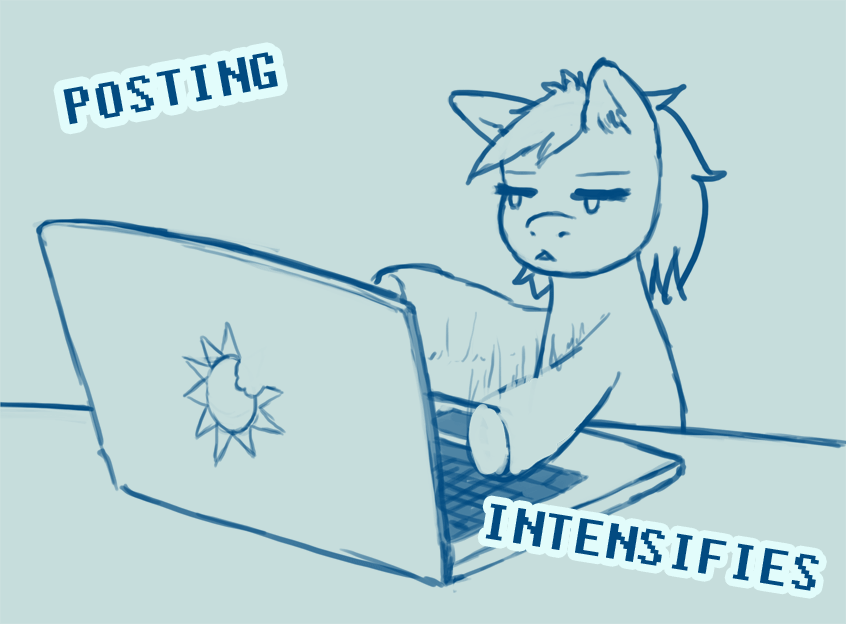 Size: 846x624 | Tagged: safe, artist:sehad, oc, oc only, species:earth pony, species:pony, :<, animated, chat, computer, dexterous hooves, ear fluff, gif, gray background, laptop computer, lidded eyes, meme, monochrome, motion lines, posting, simple background, solo, text, texting, typing, vibrating, wat, x intensifies