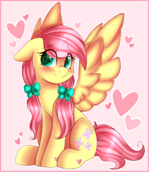 Size: 3470x4000 | Tagged: safe, artist:adostume, character:fluttershy, species:pegasus, species:pony, alternate hairstyle, blushing, cute, cutie mark hair accessory, dawwww, eye clipping through hair, female, floppy ears, hairclip, head turn, heart, heart eyes, looking at you, looking sideways, loving gaze, mare, pigtails, ponytails, shy, shyabetes, sitting, smiling, solo, spread wings, wingding eyes, wings