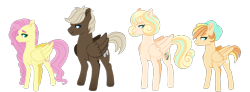 Size: 1566x578 | Tagged: safe, artist:whalepornoz, character:dumbbell, character:fluttershy, oc, oc:autumn glory, oc:spring azure, parent:dumbbell, parent:fluttershy, parents:dumbshy, dumbshy, line-up, offspring, simple background, transparent background