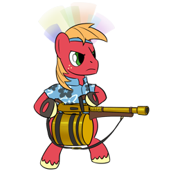 Size: 1373x1373 | Tagged: safe, artist:phat_guy, derpibooru original, character:big mcintosh, species:earth pony, species:pony, australium, belt, bipedal, clothing, crossover, frown, gloves, gun, hat, headband, heavy, heavy mac, heavy weapons guy, hoof hold, male, minigun, shirt, simple background, solo, stallion, team fortress 2, tomislav, transparent background, unusual hat, video game, weapon