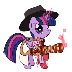 Size: 1280x1280 | Tagged: safe, artist:phat_guy, derpibooru original, character:twilight sparkle, character:twilight sparkle (alicorn), species:alicorn, species:pony, clothing, coat, crossover, female, glowing horn, hat, lab coat, looking at you, magic, mare, medic, medigun, plus, raised hoof, raised leg, scarf, simple background, solo, standing, team fortress 2, telekinesis, transparent background, twi medic, video game