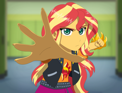 Size: 1844x1412 | Tagged: safe, artist:fantasygerard2000, character:sunset shimmer, equestria girls:forgotten friendship, g4, my little pony: equestria girls, my little pony:equestria girls, angry, anime, canterlot high, clothing, female, fiery shimmer, fist, foreshortening, hallway, imminent punch, jacket, leather jacket, lockers, looking at you, rage, shirt, simple background, skirt, solo, style emulation, vest
