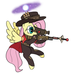 Size: 1460x1460 | Tagged: safe, artist:phat_guy, derpibooru original, character:fluttershy, species:pegasus, species:pony, aiming, belt, bullet, cape, clothing, crossover, female, flying, gloves, gun, hat, hoof hold, hooves, jacket, laser gun, mare, neutron star, optical sight, pants, patches, rifle, scope, simple background, sniper, sniper rifle, snipershy, solo, space, spread wings, stars, team fortress 2, transparent background, unusual hat, video game, weapon, wings