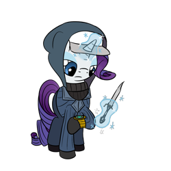 Size: 1280x1280 | Tagged: safe, artist:phat_guy, derpibooru original, character:rarity, species:pony, species:unicorn, brotherhood of arms, cap, clothing, crossover, dagger, enthusiast's timepiece, female, glowing horn, hat, hood, hoodie, knife, looking at something, looking down, magic, mare, melee, melee weapon, pants, raised leg, rarispy, simple background, solo, spy, standing, suit, sweater, team fortress 2, telekinesis, transparent background, turtleneck, video game, watch, weapon, wristwatch, your eternal reward