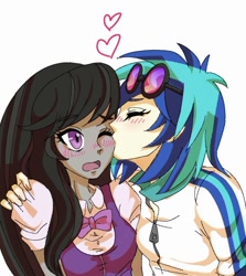Size: 660x741 | Tagged: safe, artist:bbtasu, character:dj pon-3, character:octavia melody, character:vinyl scratch, ship:scratchtavia, my little pony:equestria girls, anime style, bow tie, clothing, female, flustered, glasses, kissing, lesbian, shipping, simple background, white background, zipper