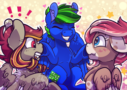 Size: 600x428 | Tagged: safe, artist:breioom, artist:cloureed, oc, oc only, oc:autumn shimmer, oc:circuit breaker, oc:strawberry breeze, species:pegasus, species:pony, blushing, boop, female, group, male, surprised, trio