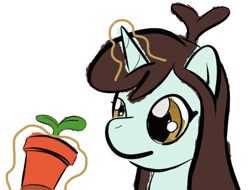 Size: 840x640 | Tagged: safe, artist:phat_guy, derpibooru original, character:sprout greenhoof, species:pony, species:unicorn, bust, female, flower pot, glowing horn, las pegasus resident, levitation, looking at something, magic, mare, plant, portrait, potted plant, simple background, solo, telekinesis, terracotta, white background
