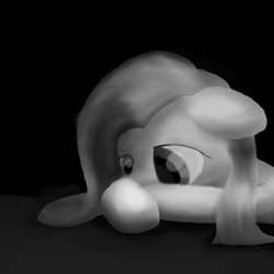 Size: 1280x1280 | Tagged: safe, artist:phat_guy, derpibooru original, character:pinkamena diane pie, character:pinkie pie, species:earth pony, species:pony, black background, depressed, down, female, grayscale, looking down, lying down, mare, monochrome, reaction image, sad, simple background, solo