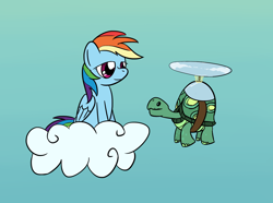 Size: 1720x1280 | Tagged: safe, artist:phat_guy, derpibooru original, character:rainbow dash, character:tank, species:pegasus, species:pony, animal, cloud, critter, duo, eyes half closed, female, flying, gradient background, helicopter, hooves, looking at each other, mare, on a cloud, pet, sitting, sitting on a cloud, sky, smiling, tortoise, wings