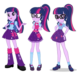 Size: 1475x1475 | Tagged: safe, artist:aqua-pony, character:twilight sparkle, character:twilight sparkle (alicorn), character:twilight sparkle (scitwi), species:alicorn, species:eqg human, species:pony, g4, my little pony: equestria girls, my little pony:equestria girls, spoiler:eqg specials, adorkable, arm behind back, backpack, belt, bow tie, clothing, comparison, cute, dork, female, geode of telekinesis, glasses, leg warmers, long hair, mary janes, open mouth, pleated skirt, ponytail, shoes, simple background, skirt, smiling, socks, solo, standing, transparent background, twiabetes, vector