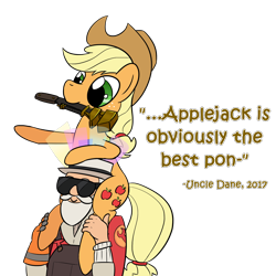 Size: 1720x1720 | Tagged: safe, artist:phat_guy, derpibooru original, character:applejack, species:earth pony, species:human, species:pony, australium, beard, best pony, clothing, cosmetics, crossover, cute, dialogue, dungarees, duo, engineer, english, facial hair, female, glasses, gloves, hat, holding, jackabetes, man, mare, moustache, mouth hold, overalls, piggyback ride, pointing, quote, raised hoof, shirt, simple background, sunglasses, team fortress 2, tool, transparent background, uncle dane, unusual hat, video game, wrench