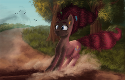 Size: 1600x1019 | Tagged: safe, artist:sa1ntmax, character:pinkie pie, species:earth pony, species:pony, aftermath, confetti, everything went better than expected, female, frazzled, scorched, skid mark, skidding, solo, surprised, this did not end well