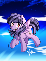 Size: 3000x4000 | Tagged: safe, artist:acharmingpony, oc, oc only, oc:sameeky, species:pegasus, species:pony, cloud, female, flying, high res, looking at you, mare, open mouth, signature, sky, solo