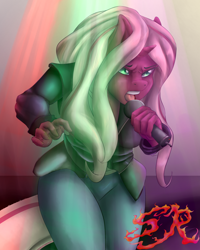 Size: 2400x3000 | Tagged: safe, artist:swiftriff, oc, oc:pynk hyde, species:anthro, clothing, jacket, lights, microphone, rocker