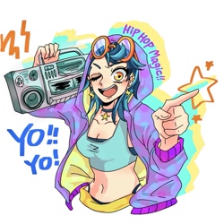 Size: 1024x1024 | Tagged: safe, artist:bbtasu, character:indigo zap, my little pony:equestria girls, boombox, clothing, female, goggles, jacket, looking at you, solo, text