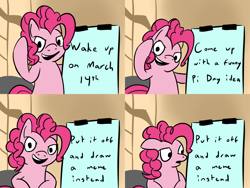 Size: 1600x1200 | Tagged: safe, artist:phat_guy, derpibooru original, character:pinkie pie, species:earth pony, species:pony, bipedal, comic, confused, despicable me, english, exploitable meme, facial expressions, female, flipchart, floppy ears, grin, gru's plan, looking at you, mare, meme, parody, plan, raised arm, raised hoof, raised leg, smiling, solo, text