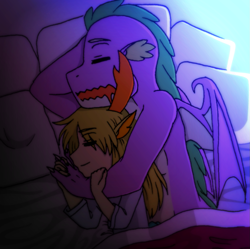 Size: 1285x1278 | Tagged: safe, artist:fantasygerard2000, edit, character:spike, character:thorax, species:anthro, species:changeling, species:dragon, species:human, species:reformed changeling, ship:thoraxspike, bed, cuddling, eared humanization, embrace, femboy, gay, horned humanization, hug, humanized, interspecies, male, older, older spike, pillow, shipping, snuggling, spooning, winged humanization, winged spike, wings