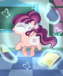 Size: 2556x3086 | Tagged: safe, artist:strawberry-spritz, base used, oc, oc only, oc:butterfly effect, parent:night light, parent:posey shy, parents:poseynight, species:pegasus, species:pony, alternate universe, book, classroom, cutie mark, cutiespark, female, filly, floating, levitation, magic, offspring, parent swap au, ponytail, solo, spread wings, telekinesis, window, wings, younger