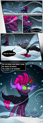 Size: 1240x3508 | Tagged: safe, artist:rambopvp, character:tempest shadow, species:bird, species:crow, species:pony, species:unicorn, my little pony: the movie (2017), bad end, cape, cloak, clothing, colored horn, colored pupils, comic, curved horn, dark magic, dialogue, disembodied horn, eye scar, female, frown, glare, glowing eyes, glowing horn, horn, implied king sombra, lidded eyes, looking down, magic, mare, open up your eyes, possessed, possession, sad, scar, snow, snowfall, sombra eyes, sombra's horn, speech bubble, tempest gets her horn back, tempest with sombra's horn, wide eyes, wind