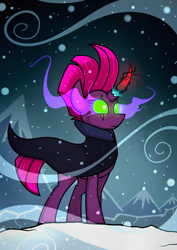 Size: 1240x1754 | Tagged: safe, artist:rambopvp, character:tempest shadow, species:pony, species:unicorn, my little pony: the movie (2017), broken horn, cape, clothing, colored horn, curved horn, dark magic, disembodied horn, eye scar, female, glowing eyes, horn, implied king sombra, magic, possessed, possession, scar, snow, snowfall, solo, sombra eyes, sombra's horn, tempest with sombra's horn