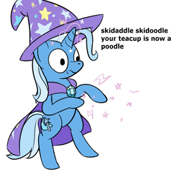 Size: 1280x1280 | Tagged: safe, artist:phat_guy, derpibooru original, character:trixie, species:pony, species:unicorn, bipedal, cape, casting, clothing, dialogue, english, faec, female, glowing horn, hat, magic, mare, meme, raised arm, raised leg, rhyme, simple background, skidaddle skidoodle, solo, spell, teacup, that pony sure does love teacups, trixie's cape, trixie's hat, white background, wide eyes
