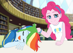 Size: 1596x1148 | Tagged: safe, artist:fantasygerard2000, character:pinkie pie, character:rainbow dash, g4, my little pony: equestria girls, my little pony:equestria girls, canterlot high, clothing, library, multicolored hair, shirt, sleeping, smiling