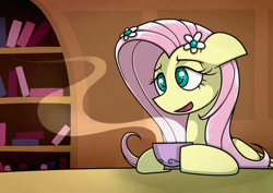 Size: 1754x1240 | Tagged: safe, artist:rambopvp, character:fluttershy, species:pegasus, species:pony, bust, colored pupils, cup, enjoying, female, flower, flower in hair, folded wings, food, hoof hold, indoors, mare, open mouth, portrait, solo, table, tea, teacup