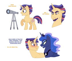 Size: 1024x872 | Tagged: safe, artist:cascayd, character:princess luna, oc, oc:starswirl, parent:flash sentry, parent:twilight sparkle, parents:flashlight, species:alicorn, species:pony, beard, blushing, character study, colt, dialogue, facial hair, male, next generation, offspring, scrunchy face, simple background, telescope, text, white background
