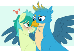 Size: 1024x703 | Tagged: safe, artist:cascayd, character:gallus, character:sandbar, species:earth pony, species:griffon, species:pony, ship:gallbar, episode:school daze, g4, my little pony: friendship is magic, blushing, gay, heart, interspecies, looking at each other, male, older, older gallus, older sandbar, shipping, simple background, smiling, spread wings, wingboner, wings