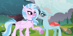 Size: 1280x640 | Tagged: safe, artist:cascayd, character:ocellus, character:silverstream, species:changeling, species:classical hippogriff, species:hippogriff, species:reformed changeling, ship:ocellustream, episode:school daze, g4, my little pony: friendship is magic, blushing, female, interspecies, lesbian, one eye closed, shipping, wink