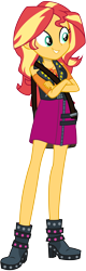 Size: 4000x12500 | Tagged: safe, artist:caliazian, character:sunset shimmer, equestria girls:forgotten friendship, g4, my little pony: equestria girls, my little pony:equestria girls, absurd resolution, boots, clothing, crossed arms, female, geode of empathy, high heel boots, jacket, leather jacket, simple background, skirt, smiling, solo, transparent background, vector, vest