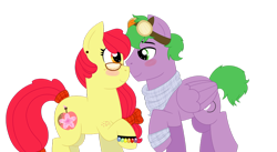 Size: 1024x561 | Tagged: safe, artist:strawberry-spritz, character:apple bloom, character:spike, species:earth pony, species:pegasus, species:pony, ship:spikebloom, alternate cutie mark, alternate hairstyle, blushing, bracelet, clothing, cute, female, freckles, glasses, goggles, jewelry, male, mare, older, older apple bloom, older spike, ponified, ponified spike, ribbon, scarf, shipping, simple background, species swap, stallion, straight, transparent background