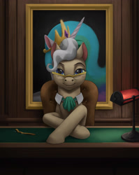 Size: 2787x3500 | Tagged: safe, artist:difetra, character:mayor mare, character:princess celestia, species:changeling, species:earth pony, species:pony, commission, explicit source, fanfic, fanfic art, green eyes, looking at you, sitting, smug
