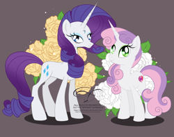 Size: 1386x1100 | Tagged: safe, artist:tiffanymarsou, character:rarity, character:sweetie belle, species:pony, species:unicorn, alternate design, female, flower, looking at you, older, older rarity, older sweetie belle, sisters
