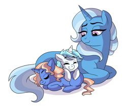 Size: 1024x864 | Tagged: safe, artist:cascayd, character:trixie, oc, oc:angel dove, oc:misty, parent:prince blueblood, parent:trixie, parents:bluetrix, species:pony, species:unicorn, colt, cuddling, female, filly, happy, lidded eyes, male, mother, next generation, offspring, simple background, smiling, white background
