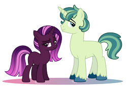 Size: 3434x2354 | Tagged: safe, artist:strawberry-spritz, base used, oc, oc only, parent:applejack, parent:shining armor, parent:tempest shadow, parent:twilight sparkle, parents:shiningjack, parents:tempestlight, species:pony, species:unicorn, commission, duo, female, gradient hair, magical lesbian spawn, male, mare, next generation, offspring, raised eyebrow, simple background, stallion, transparent background, unshorn fetlocks