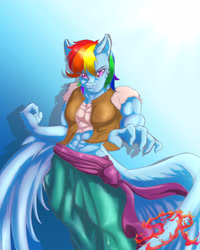 Size: 2400x3000 | Tagged: safe, artist:swiftriff, character:rainbow dash, species:anthro, species:pegasus, species:pony, abs, clothing, female, gradient background, mare, multicolored hair, solo
