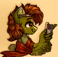 Size: 1024x1002 | Tagged: safe, artist:segraece, oc, oc only, oc:olive hue, species:pegasus, species:pony, cassette player, clothing, commission, headphones, male, scarf, simple background, smiling, solo, stallion, walkman, wing hands