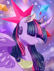 Size: 2000x2600 | Tagged: safe, artist:cloureed, character:twilight sparkle, character:twilight sparkle (alicorn), species:alicorn, species:pony, curved horn, eyes closed, female, horn jewelry, lightly watermarked, queen twilight, solo, watermark