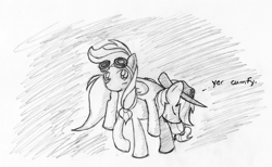 Size: 1942x1200 | Tagged: safe, artist:feather, character:applejack, character:rainbow dash, ship:appledash, carrying, monochrome, pencil drawing, shipping, sketch, traditional art
