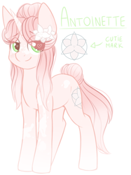 Size: 1382x1849 | Tagged: safe, artist:adostume, oc, oc only, oc:antoinette, species:pony, species:unicorn, blushing, eye clipping through hair, female, flower, flower in hair, gradient hair, gradient hooves, heart eyes, lidded eyes, looking at you, mare, reference sheet, simple background, smiling, solo, standing, white background, wingding eyes