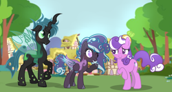 Size: 2765x1477 | Tagged: safe, artist:galaxyswirlsyt, base used, character:screwball, oc, oc:dippy joy, oc:mothball, parent:discord, parent:queen chrysalis, parent:screwball, species:changeling, species:earth pony, species:pony, fanfic:daughter of discord, canon x oc, changeling oc, digital art, female, hybrid, interspecies offspring, male, next generation, offspring, offspring shipping, offspring's offspring, one eye closed, parent:oc:mothball, shipping, straight, wink