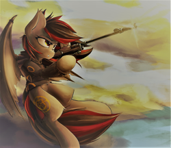 Size: 2583x2235 | Tagged: safe, artist:blvckmagic, oc, oc only, oc:tomoko tanue, species:bat pony, species:pony, fallout equestria, anti tank rifle, bat wings, boys anti tank rifle, clothing, cloud, cloudy, crossover, cutie mark, female, flying, gun, hoodie, hooves, mare, pokémon, rifle, sky, sniper rifle, solo, umbreon, weapon